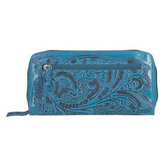 NWT Turquoise Handcrafted  Embossed Leather RFID Women's Zip Around Wallet - Picture 3 of 5